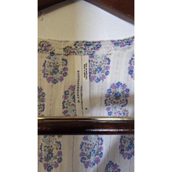 ANTHROPOLOGIE Shirred Cap Sleeved Blouse Top Womens S Peasant Casual Coastal - Picture 3 of 4